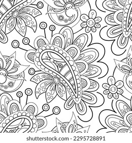 Folkloric Seamless Pattern with  Paisley Indian Cucumber, Nature Inspired Design Element. Ornate Abstract Floral Pattern. Endless Texture. Vector Illustration Coloring Book Page