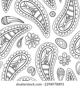 Folkloric Seamless Pattern with  Paisley Indian Cucumber, Nature Inspired Design Element. Ornate Abstract Floral Pattern. Endless Texture. Vector Illustration Coloring Book Page