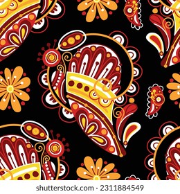 Folkloric Seamless Pattern with  Paisley Indian Cucumber, Nature Inspired Design Element. Ornate Abstract Floral Pattern. Endless Texture for Fabric, Wallpaper etc. Vector Illustration