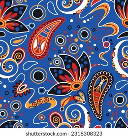 Folkloric Seamless Pattern with  Paisley Indian Cucumber, Nature Inspired Design Element. Ornate Abstract Floral Pattern. Endless Texture for Fabric, Wallpaper etc. Vector Illustration