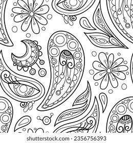 Patrón Folclórico sin Mar con pepino indio Paisley, elemento de diseño inspirado en la naturaleza. Patrón Ornato Abstracto Floral. Textura sin fin. Página Libro de Coloración de Ilustración del Vector