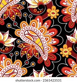 Folkloric Seamless Pattern with  Paisley Indian Cucumber, Nature Inspired Design Element. Ornate Abstract Floral Pattern. Endless Texture for Fabric, Wallpaper etc. Vector Illustration
