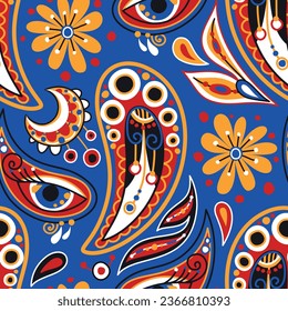 Folkloric Seamless Pattern with  Paisley Indian Cucumber, Nature Inspired Design Element. Ornate Abstract Floral Pattern. Endless Texture for Fabric, Wallpaper etc. Vector Illustration