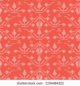 Folkloric Tree Embroidery Stitches Seamless Vector. Hand Drawn Cross Stitch Snowflake Illustration for Winter Fashion Prints, Christmas Gift Wrap, Trendy Craft Packaging or Retro Ugly Sweater Pattern