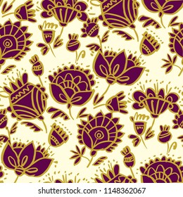 Folk-style classic floral pattern. Peasant naive and luxury decorative flower seamless pattern. Repeatable motive in deep red and gold.
