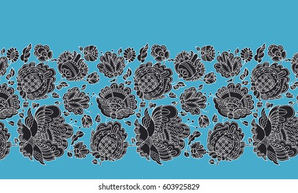 Folk-style floral decorative border pattern inspired by Ukraine traditional embroidery. Two-color abstract flowers surface design for card, print, poster, wedding invitation, decor.