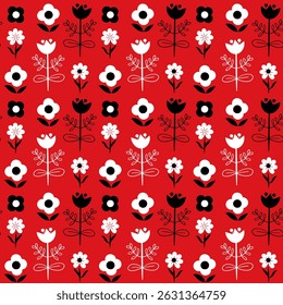 Folk-style floral design, seamless pattern featuring European, Slavic, and Scandinavian motifs on a red background. Perfect for gift wrapping, textile design, and festive decorations.