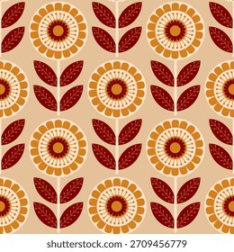 Padrão floral de estilo popular em tons mornos de marrom e laranja. Perfeito para temas de outono, artesanato, têxteis e projetos decorativos.