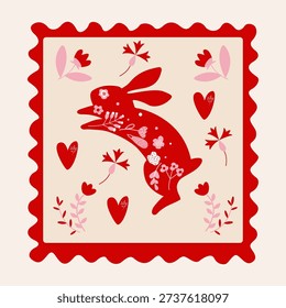 Folk-style postage stamp Bunny surrounded by flowers Vector illustration folk art Valentine's poster