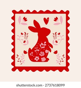 Folk-style postage stamp Bunny surrounded by flowers Vector illustration folk art Valentine's poster