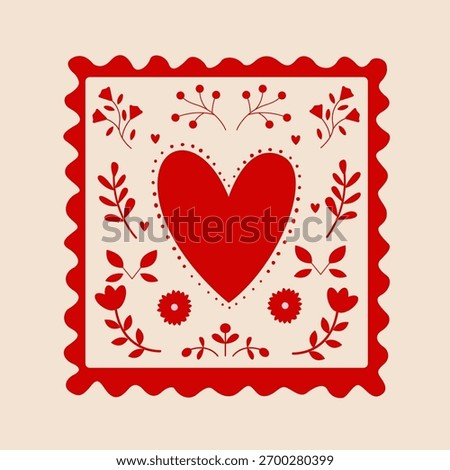 Folk-style postage stamp Heart surrounded by flowers Vector illustration folk art
