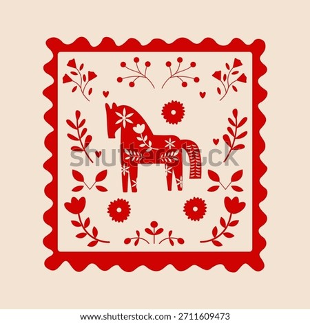 Folk-style postage stamp Horse surrounded by flowers Vector illustration folk art Christmas poster