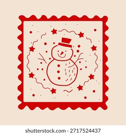 Sello postal al estilo de Folk Muñeco de nieve rojo rodeado de estrellas Ilustración vectorial cartel de Navidades de arte popular	

