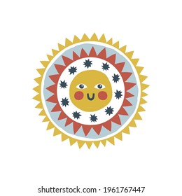 Folksy decorative sun character vector illustration isolated on white. Cute solar Scandinavian childish clip-art.