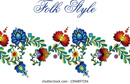 Folksy Floral Border - Russian Folk Style Flower Garland - Vector Ornamental Vignette
