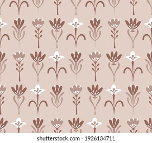 Folksy Floral Seamless Vector Pattern. Boho Neutral Flower Tulip Print. Folk Art Spring Bloom Background. 