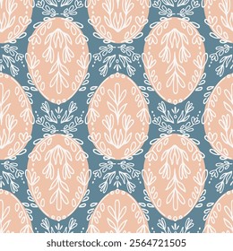 Folksy painted Easter eggs with delicate leafy designs in peach and white on blue background. Beautiful easter seamless vector pattern. Great for home decor, fabric, wallpaper, gift wrap, stationery.