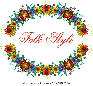 Folksy Patterned Frame - Russian Folk Style Flower Garland - Vector Round Vignette
