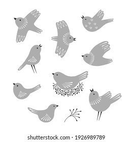 Folksy spring bird silhouette collection. Birds with folk art ornament clipart set isolated on white background. Birdy shape design elements.