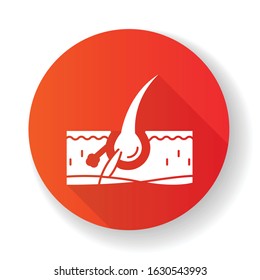 Follicle red flat design long shadow glyph icon. Damaged hair root. Microscopic look on skin tissue. Epidermis problem. Haircare and dermatology. Hairloss therapy. Silhouette RGB color illustration