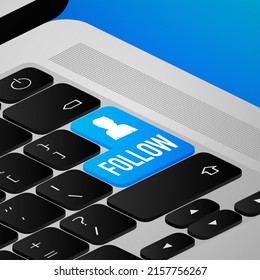 Follow blue 3D button with hand mouse on white background. Vector illustration