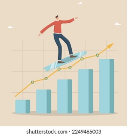 Follow a business trend or momentum, overcome difficulties, a businessman surfs or rides a board in the direction of success. Growth graph of the stock market, investment market, capital market.