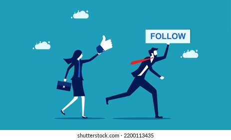 Follow. businessman holding a follow button and a businesswoman with a mouse pointer to click