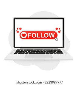 Follow button with heart icon and mouse cursor, mobile app, website, social media, blog, mobile game on laptop. Vector illustration