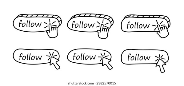 Follow button sign. Pressing the button with a finger, forefinger. Set of buttons for website, presentation, advertising, application in cartoon style. Isolated on white background