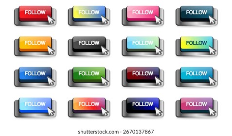 follow buttons set icon design. social media buttons icon ui, ux. colorful gradient. vector