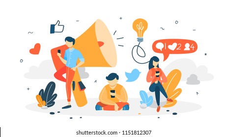 Follow concept. Post content in social media using smartphone. Like and comment. Getting feedback. Flat vector illustration