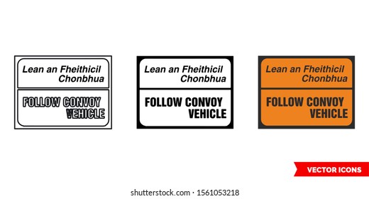 Follow convoy vehicle roadworks sign icon of 3 types: color, black and white, outline. Isolated vector sign symbol.