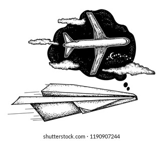 Follow Dreams concept, tattoo and t-shirt design. Paper plane dreams to become the big plane. Symbol imagination, dream, motivation, creative art 