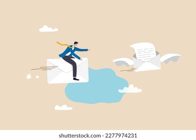 Follow up email sending message to confirm important project, ensure progress or tracking project status, communicate plan concept, businessman riding flying follow up email envelope.