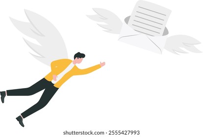 Follow up email sending messages to confirm important projects, ensure progress or tracking project status, communicate plan concept, businessman riding flying follow up email envelope.
