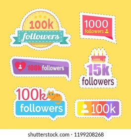 Follow and followers information and numbers statistics stickers set vector. Cake with candles to celebrate popularity. Likes and hearts with profile