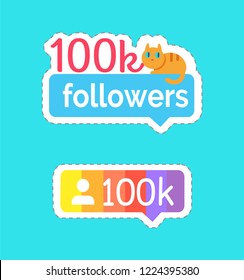 Follow and followers kitty on banner vector. Social network buttons and phrases, number of people using blogs and internet sites of particular human