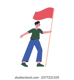 Follow the Leader with Man Holding Flag on Pole Vector Illustration