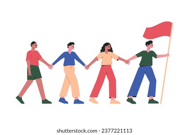 Follow the Leader with People Walk Holding Hand Forward Vector Illustration