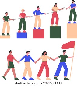 Follow the Leader with People Walk Holding String and Hand Forward Vector Set