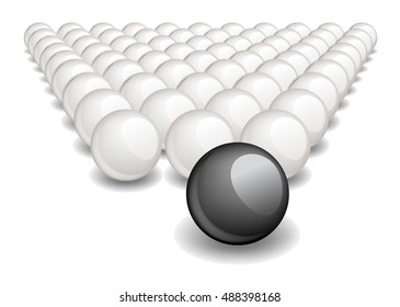 Follow the leader, Unique black ball ahead of the white ones. Vector image, no size limit. 