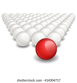 Follow the leader, Unique red ball ahead of the white ones. Vector image, no size limit. 