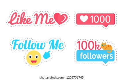Follow and like me followers number set isolated stickers vector. Kitten and smiley emoji and heart with numbers. Cat and thumb pointing on text above