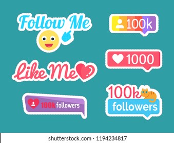 Follow and like me stickers with emoji showing on button set isolated patches vector. Followers and kitten on ribbon with text. Statistics and numbers