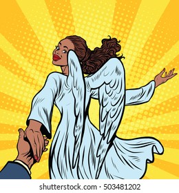 Follow me, beautiful angel girl, African American people, pop art retro illustration. Religion and carnival