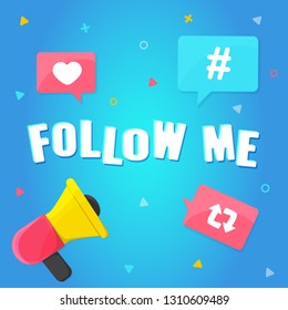 Follow me concept banner. Speaker and Hashtag, like, repost symbols. Social media, online promotion. Vector illustration
