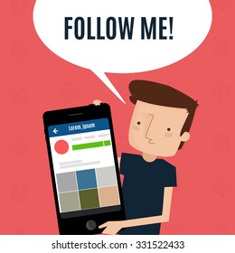 Follow Me Concept. Man Holding Big Smartphone With Social Media Interface