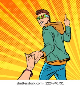 follow me. a couple of a young man and a girl go to the cinema to watch a blockbuster, stereo glasses. Pop art retro vector illustration kitsch vintage