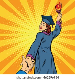 follow me, education university knowledge woman, pop art retro vector illustration. College graduate