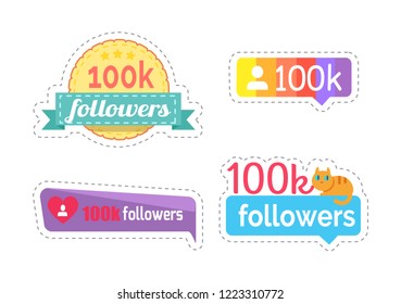 Follow me and followers amount of number stickers set vector. Isolated patches with profile icon and heart sign. Kitten on ribbon banner with text